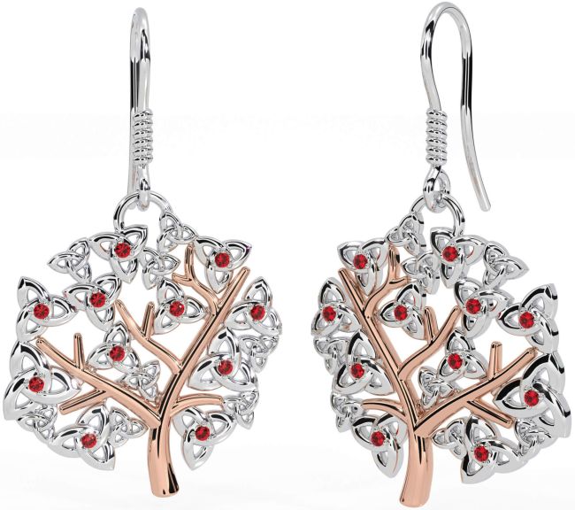 Ruby Rose Gold Silver Celtic Tree of Life Trinity Knot Dangle Earrings
