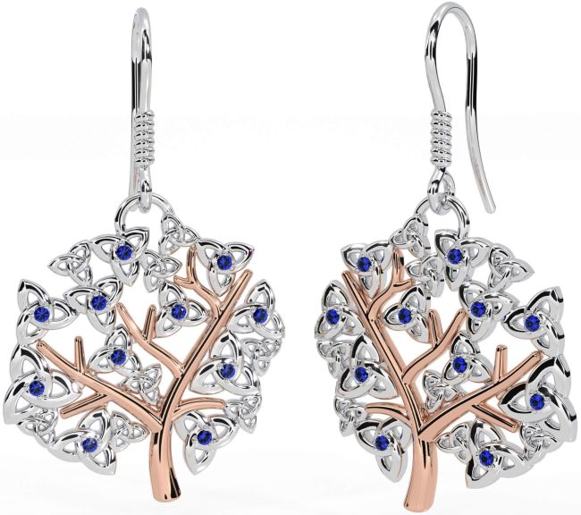 Sapphire Rose Gold Silver Celtic Tree of Life Trinity Knot Dangle Earrings