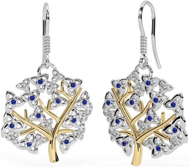 Sapphire Gold Silver Celtic Tree of Life Trinity Knot Dangle Earrings