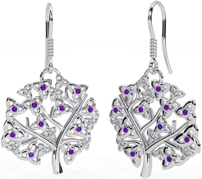 Amethyst White Gold Celtic Tree of Life Trinity Knot Dangle Earrings