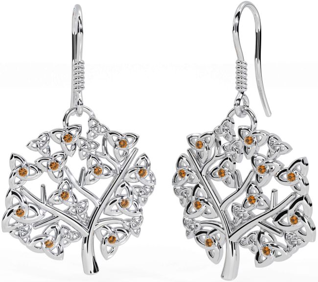 Citrine White Gold Celtic Tree of Life Trinity Knot Dangle Earrings