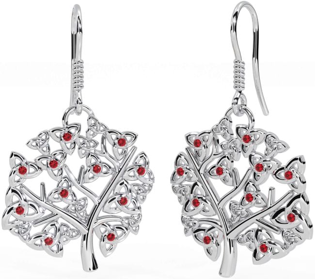 Ruby White Gold Celtic Tree of Life Trinity Knot Dangle Earrings