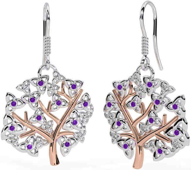 Amethyst White Rose Gold Celtic Tree of Life Trinity Knot Dangle Earrings