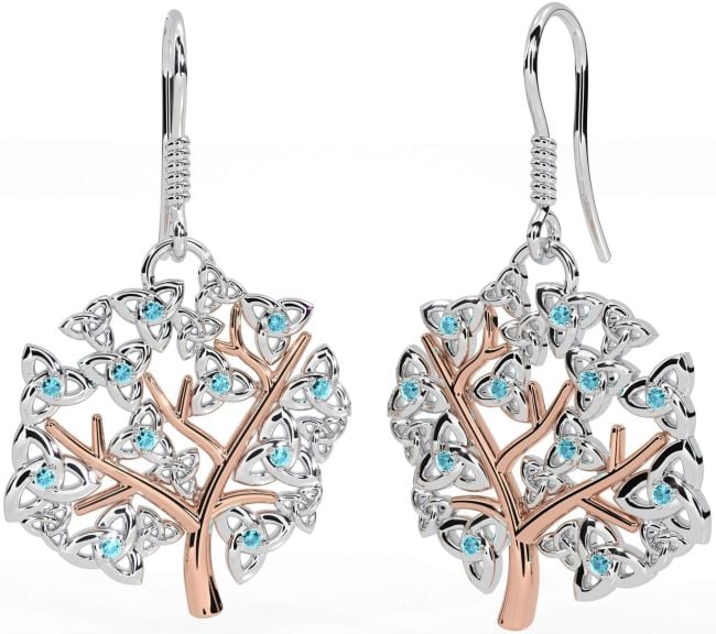 Aquamarine White Rose Gold Celtic Tree of Life Trinity Knot Dangle Earrings