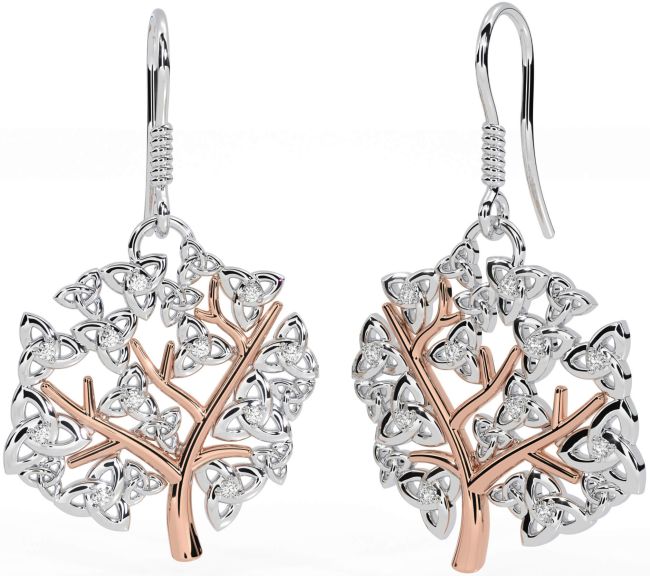 Diamond White Rose Gold Celtic Tree of Life Trinity Knot Dangle Earrings