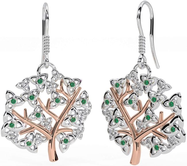 Emerald White Rose Gold Celtic Tree of Life Trinity Knot Dangle Earrings