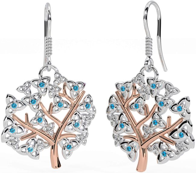 Topaz White Rose Gold Celtic Tree of Life Trinity Knot Dangle Earrings