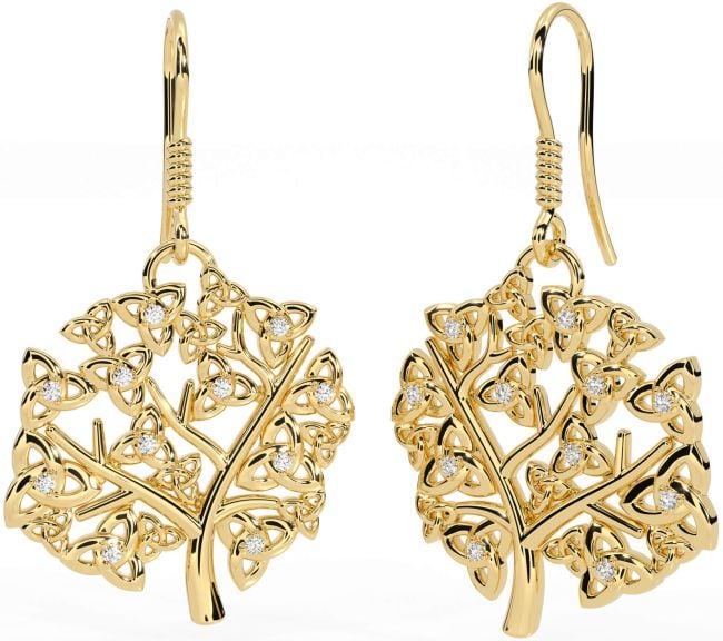 Diamond Gold Celtic Tree of Life Trinity Knot Dangle Earrings