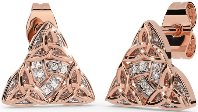 Diamond Rose Gold Silver Celtic Trinity Knot Stud Earrings