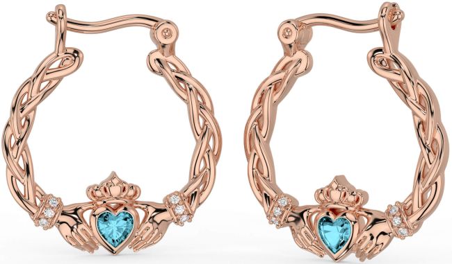 Diamond Aquamarine Rose Gold Silver Celtic Claddagh Pearl Dangle Earrings