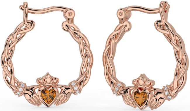 Diamond Citrine Rose Gold Silver Celtic Claddagh Pearl Dangle Earrings