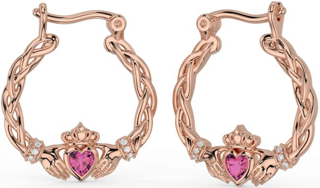 Diamond Pink Tourmaline Rose Gold Silver Celtic Claddagh Pearl Dangle Earrings