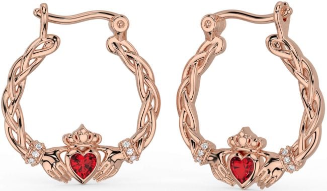 Diamond Ruby Rose Gold Silver Celtic Claddagh Pearl Dangle Earrings