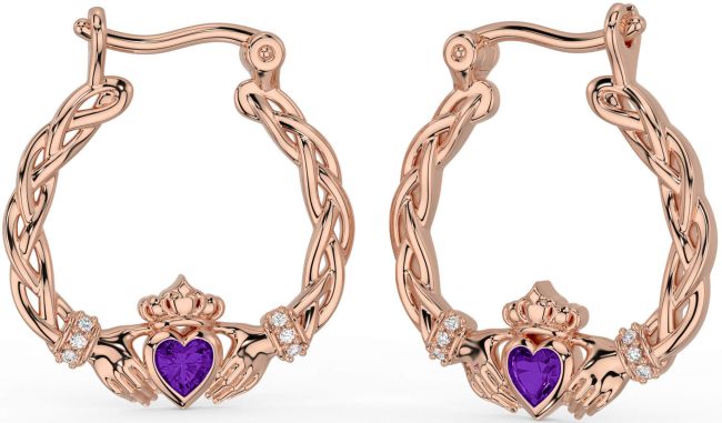 Diamond Amethyst Rose Gold Celtic Claddagh Pearl Dangle Earrings