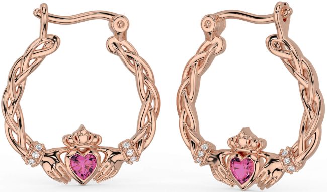 Diamond Pink Tourmaline Rose Gold Celtic Claddagh Pearl Dangle Earrings