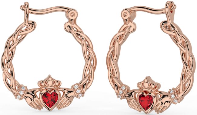 Diamond Ruby Rose Gold Celtic Claddagh Pearl Dangle Earrings