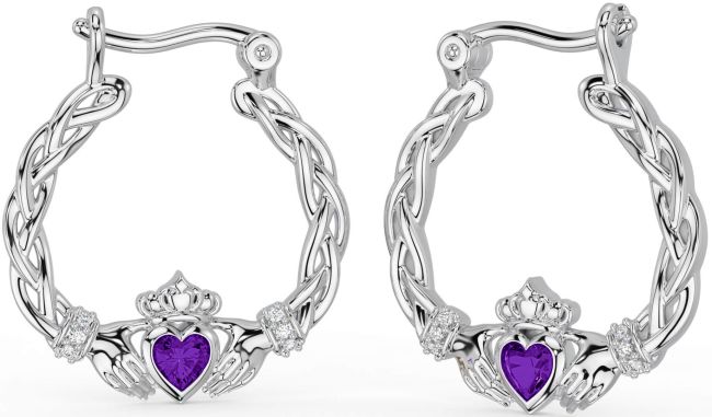 Diamond Amethyst White Gold Celtic Claddagh Pearl Dangle Earrings