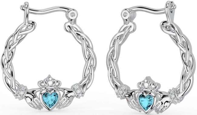 Diamond Aquamarine White Gold Celtic Claddagh Pearl Dangle Earrings