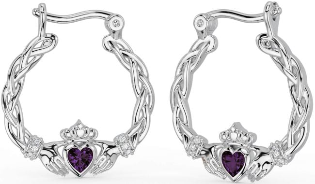 Diamond Alexandrite White Gold Celtic Claddagh Pearl Dangle Earrings