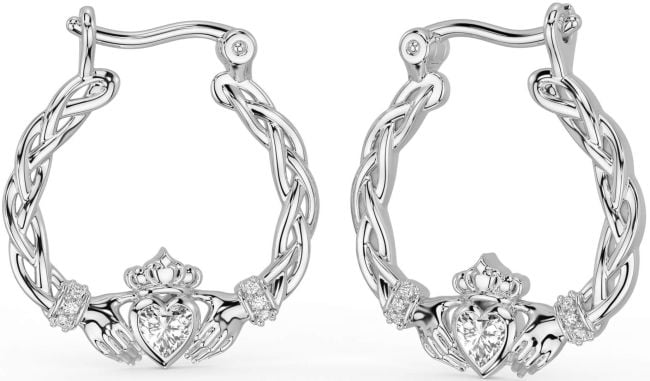 Diamond White Gold Celtic Claddagh Pearl Dangle Earrings