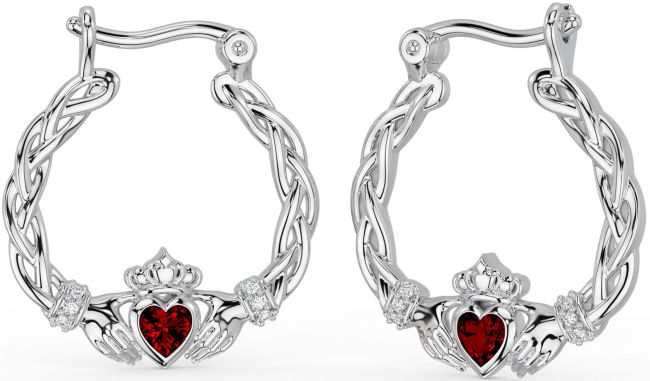 Diamond Garnet White Gold Celtic Claddagh Pearl Dangle Earrings