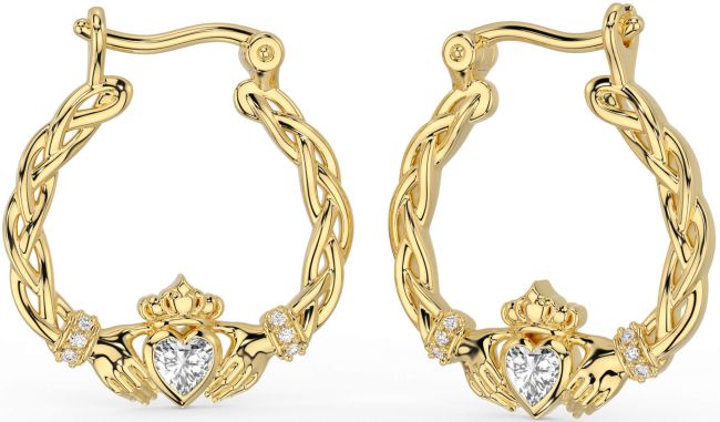 Diamond Gold Celtic Claddagh Pearl Dangle Earrings