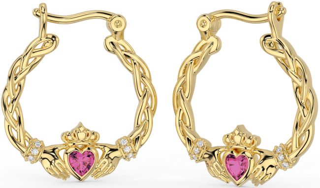 Diamante Rosa turmalina Oro céltico Claddagh Perla Colgar Pendientes