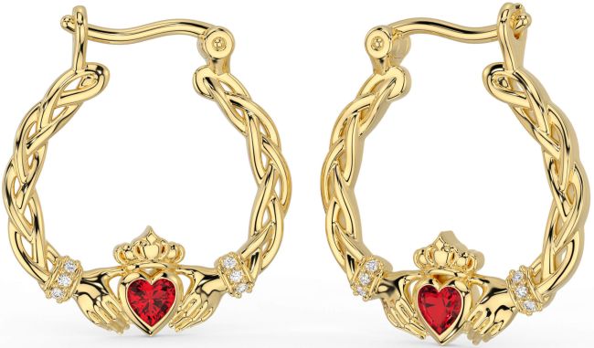 Diamond Ruby Gold Celtic Claddagh Pearl Dangle Earrings