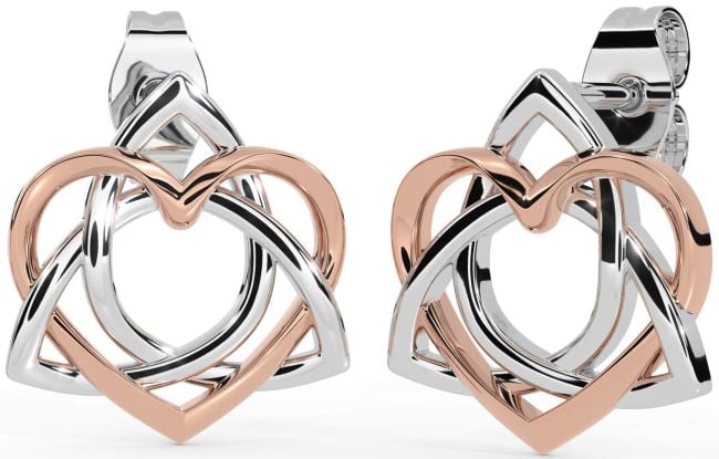 Rose Gold Silver Celtic Trinity Knot Heart Stud Earrings