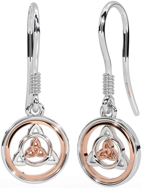 White Rose Gold Celtic Trinity Knot Dangle Earrings