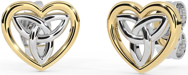 White Yellow Gold Celtic Trinity Knot Heart Stud Earrings