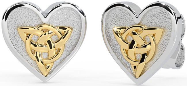 White Yellow Gold Celtic Trinity Knot Heart Stud Earrings