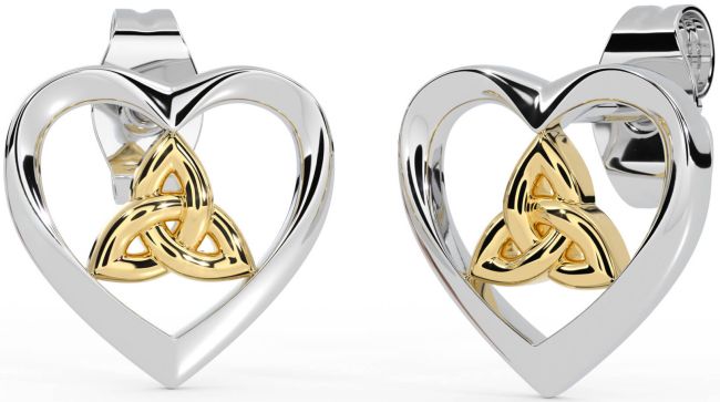 White Yellow Gold Celtic Trinity Knot Heart Stud Earrings