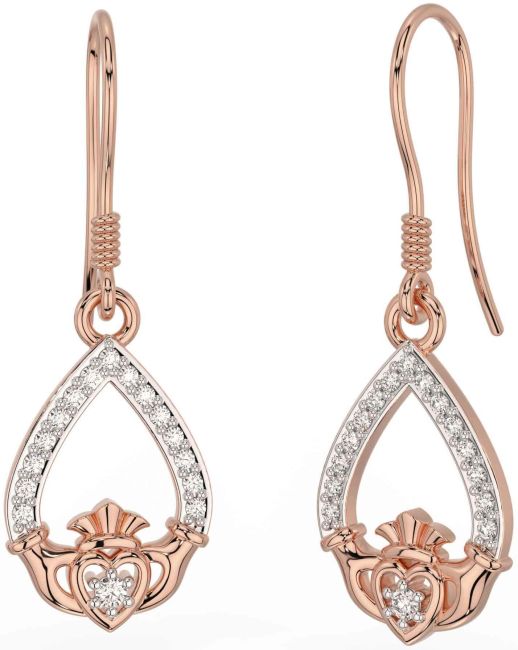 Diamond Rose Gold Claddagh Dangle Earrings