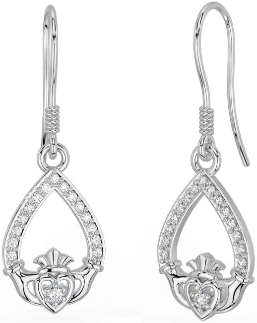 Diamond Silver Claddagh Dangle Earrings