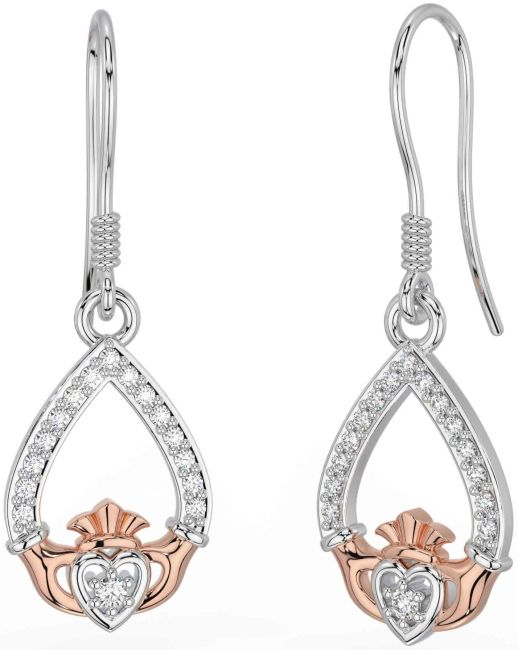 Diamond White Rose Gold Claddagh Dangle Earrings