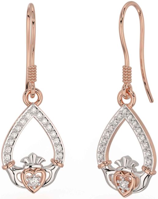 Diamond Rose Gold Silver Claddagh Dangle Earrings