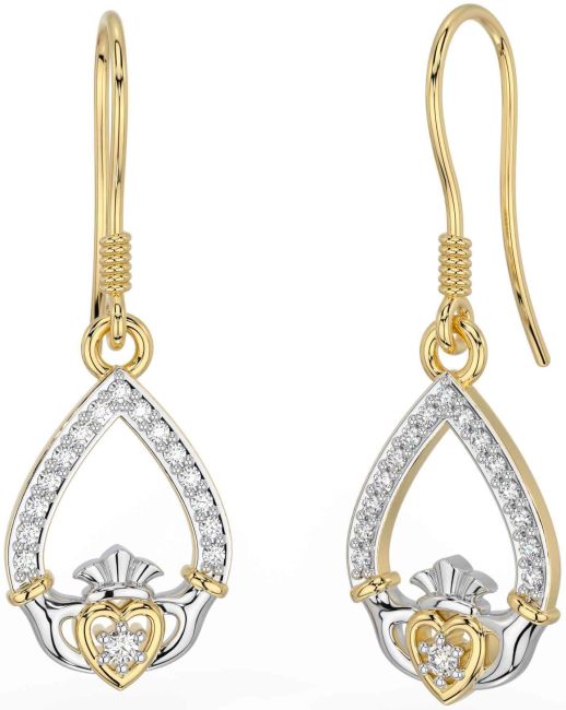 Diamond White Yellow Gold Claddagh Dangle Earrings