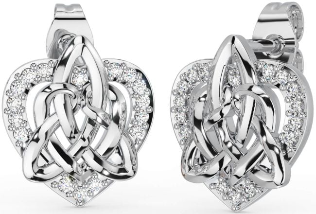 Diamond Silver Celtic Trinity Knot Heart Stud Earrings