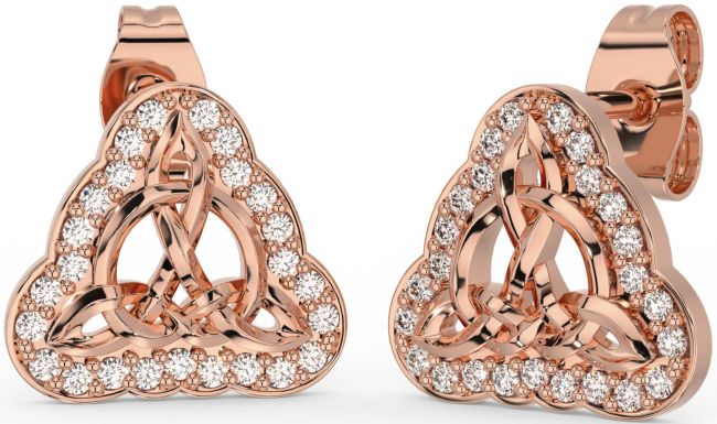 Diamond Rose Gold Silver Celtic Trinity Knot Stud Earrings
