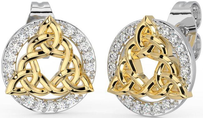 Diamond White Yellow Gold Celtic Trinity Knot Stud Earrings