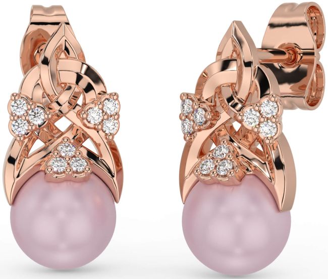 Diamond Rose Gold Celtic Trinity Knot Pearl Dangle Earrings