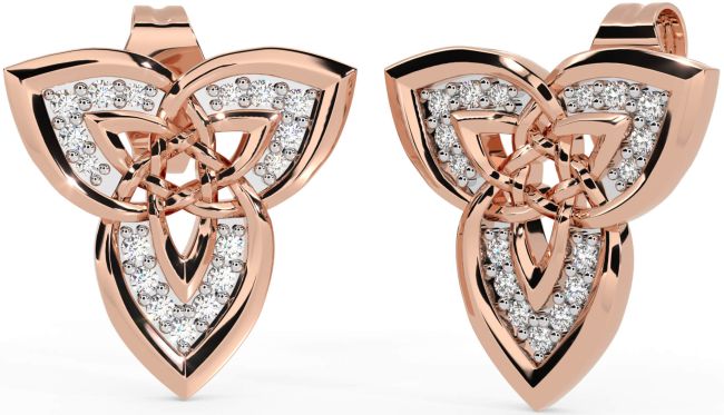 Diamond Rose Gold Silver Celtic Trinity Knot Pearl Stud Earrings