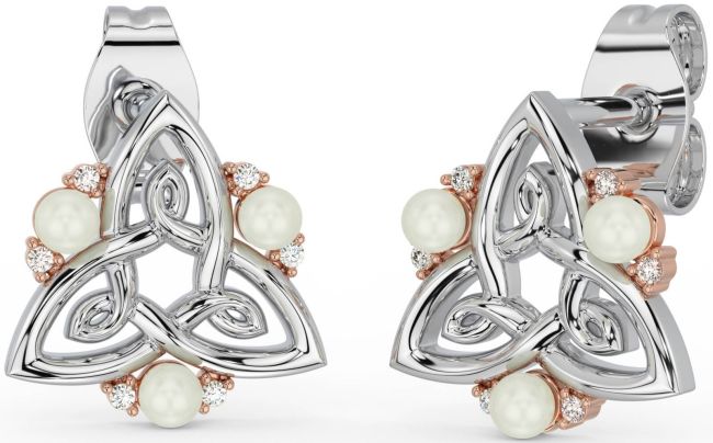 Diamond White Rose Gold Celtic Trinity Knot Pearl Stud Earrings