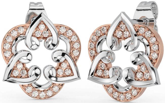 Diamond Rose Gold Silver Celtic Heart Stud Earrings