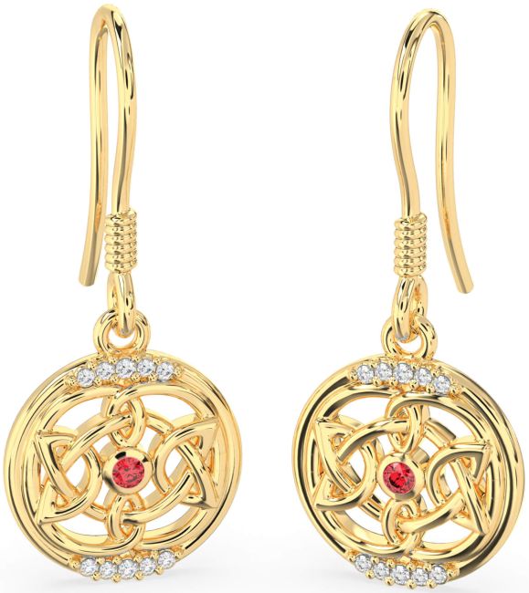 Diamond Ruby Gold Silver Celtic Dangle Earrings
