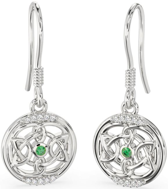 Diamond Emerald Silver Celtic Dangle Earrings