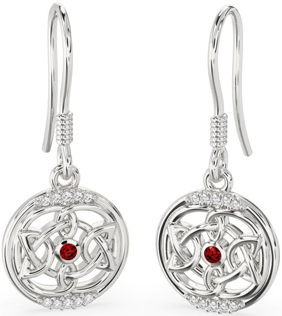 Diamond Garnet Silver Celtic Dangle Earrings