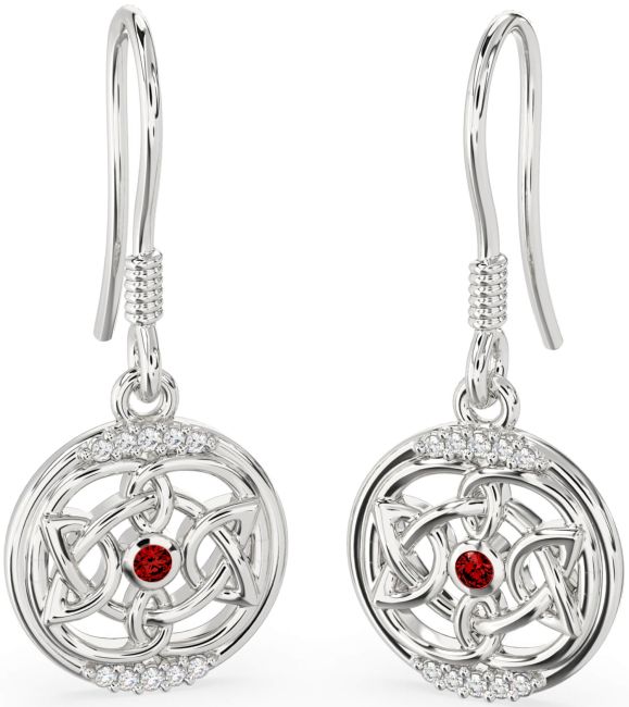 Diamond Garnet White Gold Celtic Dangle Earrings