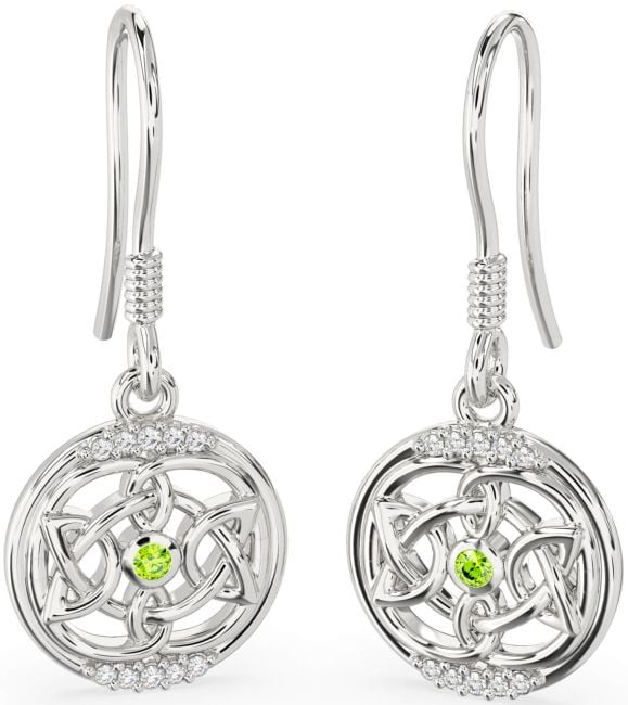 Diamond Peridot White Gold Celtic Dangle Earrings